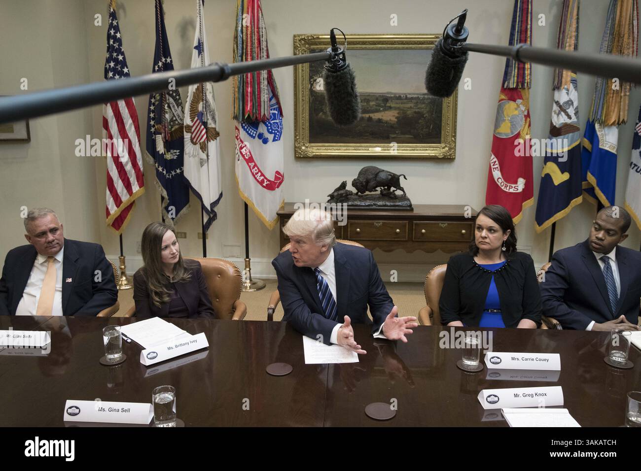 13 marzo 2017 - Washington, District of Columbia, Stati Uniti d'America - il presidente degli Stati Uniti Donald J. Trump (C) partecipa a un incontro sull'assistenza sanitaria nella Roosevelt Room della Casa Bianca a Washington, DC, USA, 13 marzo 2017. Il disegno di legge dei repubblicani della camera, noto come "American Health Care Act”, destinato a sostituire l'Affordable Care Act e approvato dal presidente Trump, ha subito critiche sia da parte dei repubblicani che dei democratici. Anche in questa foto ci sono Kim Elias Seife (L) della Florida, Brittany Ivey (2-L) della Georgia, Carrie Couey (2-R) del Colorado e Louis Brown (R) della Virginia..Credit: Micha Foto Stock