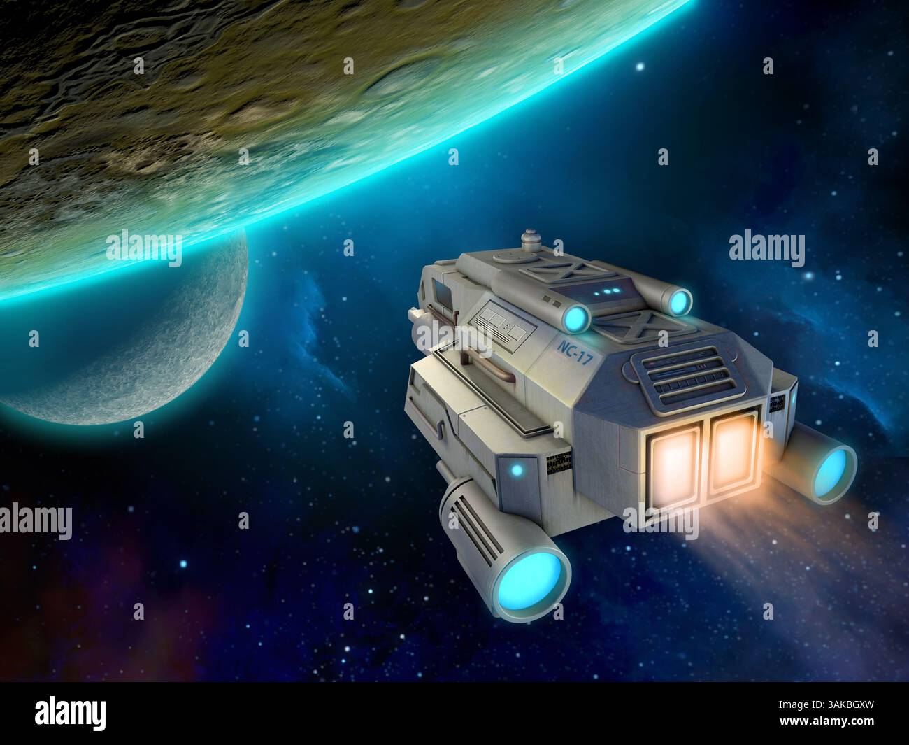 Astronave in avvicinamento a un pianeta. Illustrazione 3D. Foto Stock