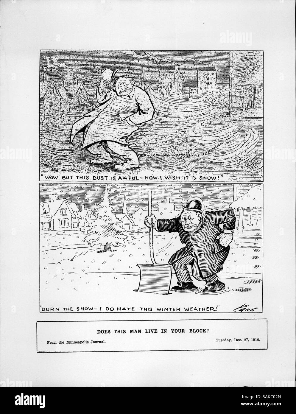 Questa illustrazione a fumetti mostra un uomo che commenta il clima polveroso della città e poi si lamenta della neve. Nel pannello superiore, desidera la neve, e nel pannello inferiore esprime frustrazione con essa. Foto Stock