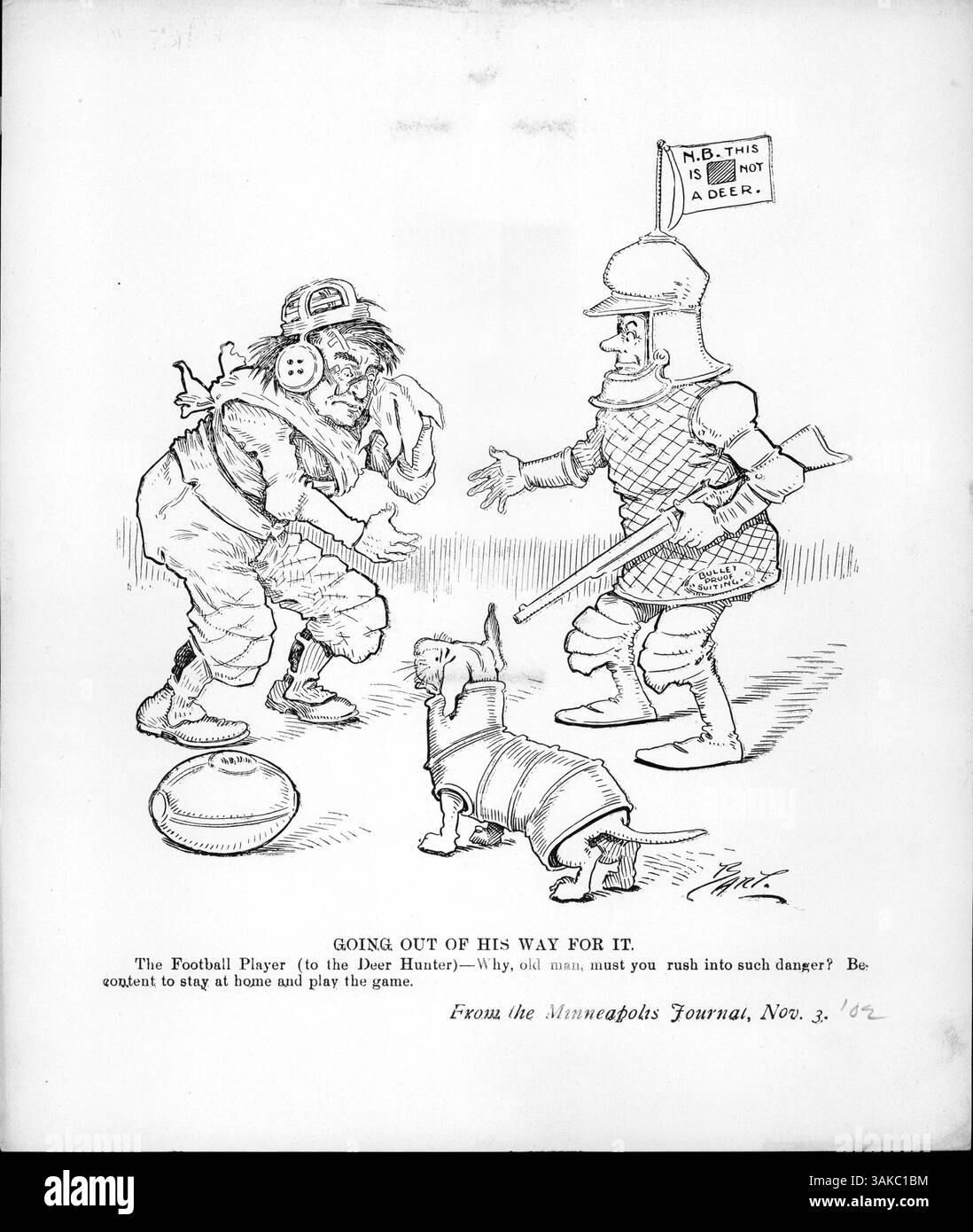 Un giocatore di football, ferito da una partita, interroga il comportamento pericoloso del cacciatore di cervi, chiedendogli perché avrebbe rischiato la vita quando poteva stare a casa e giocare una partita sicura. Foto Stock