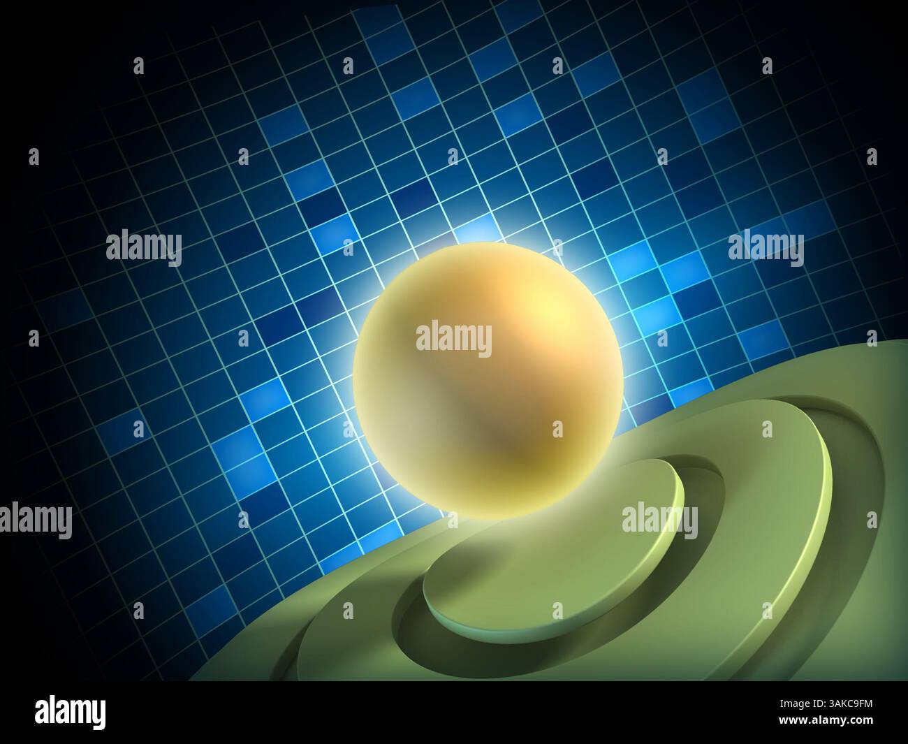 Sfondo ad alta tecnologia con una sfera luminosa e una superficie deformata. Illustrazione digitale Foto Stock
