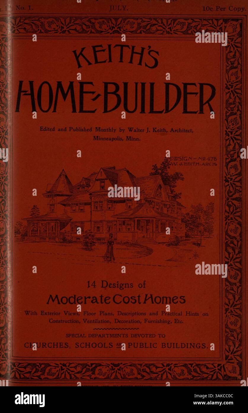 La rivista Home-Builder di Keith, pubblicata per la prima volta nel 1900 da Walter J. Keith, consiste di dodici numeri mensili. Presenta progetti di case, planimetrie, fotografie e costi di costruzione, oltre a articoli su edifici per la casa, interior design e architettura paesaggistica. Alcune questioni includono anche piani per scuole e chiese, insieme a pubblicità per mobili per la casa e materiali da costruzione. Foto Stock