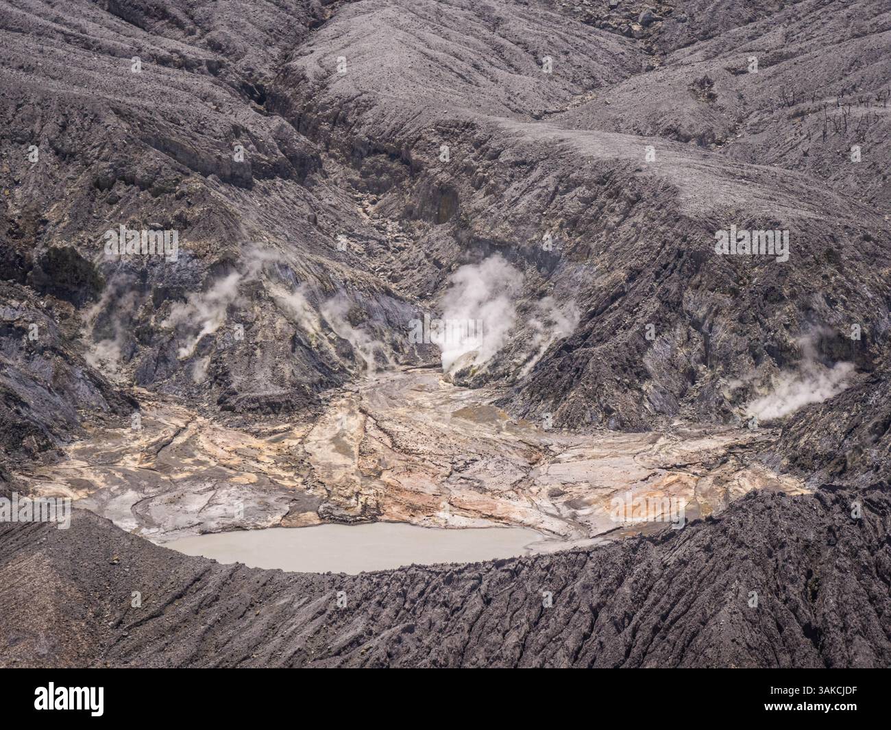 Paesaggio vulcanico attivo con sfiati del vapore e terreno roccioso frastagliato, Giava, Indonesia Foto Stock