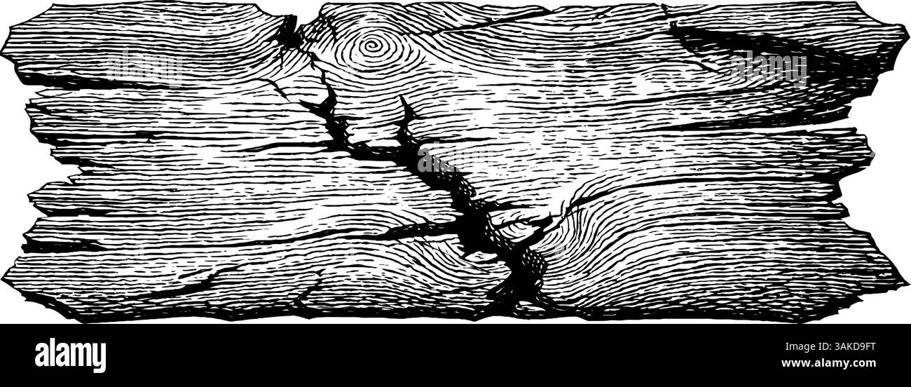 Illustrazione incisa di un cartello in legno incrinato per temi di design rustico. Illustrazione Vettoriale
