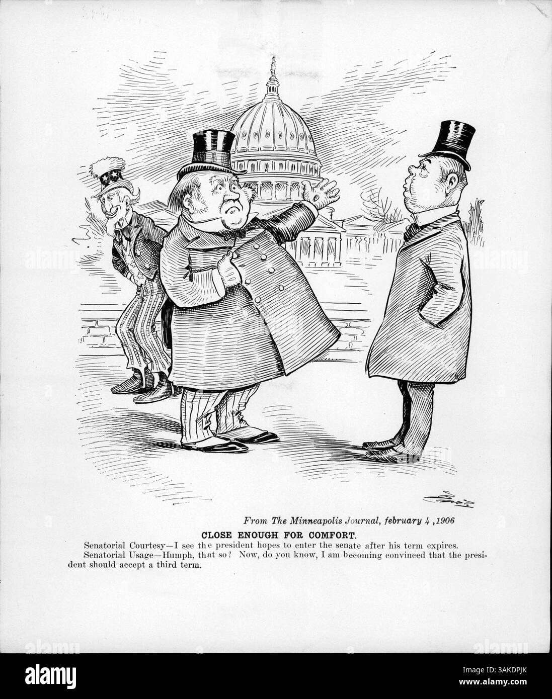 Questo cartone animato politico discute il dibattito sul potenziale terzo mandato del presidente Roosevelt dopo aver dichiarato che non avrebbe corso. Descrive umoristicamente il concetto di "cortesia senatoriale", mentre lo zio Sam contempla le opzioni di Roosevelt, mentre i senatori esprimono opinioni diverse sui suoi futuri piani politici. Foto Stock