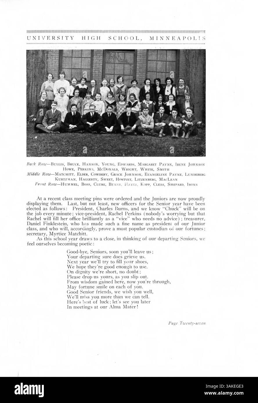 L'University High Yearbook del 1920, intitolato Bisbila, documenta la vita degli studenti, il coinvolgimento degli insegnanti, i club, squadre sportive ed eventi importanti dell'anno scolastico 1919-1920, preservando una storia visiva del periodo. Foto Stock