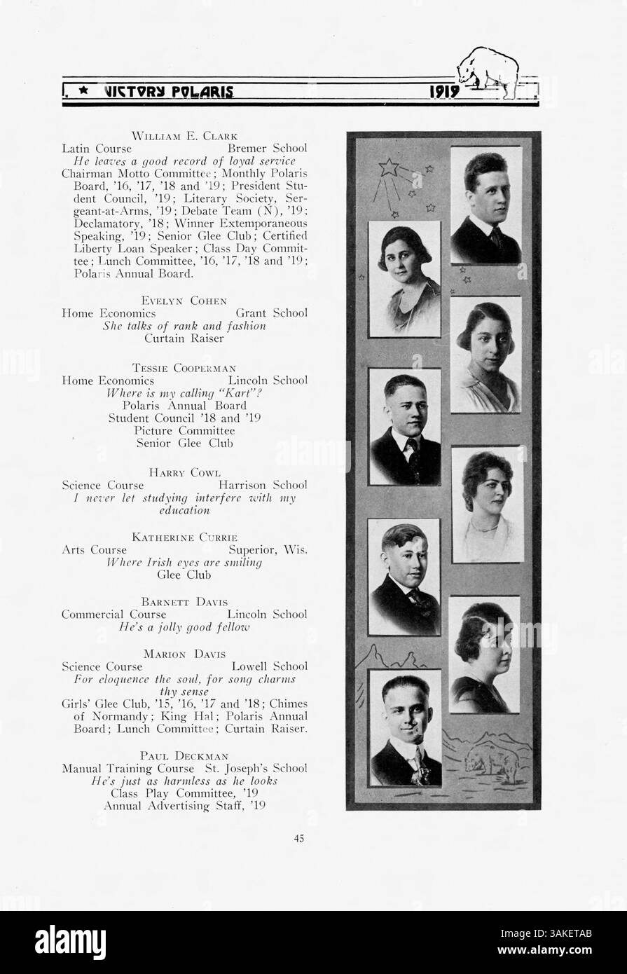 Il North High Yearbook del 1919, Polaris, fornisce un resoconto dettagliato della vita e delle attività degli studenti durante l'anno scolastico 1918-1919. Comprende le principali attrazioni di atletica, club ed eventi, con una notevole rappresentanza di studenti afroamericani. Foto Stock