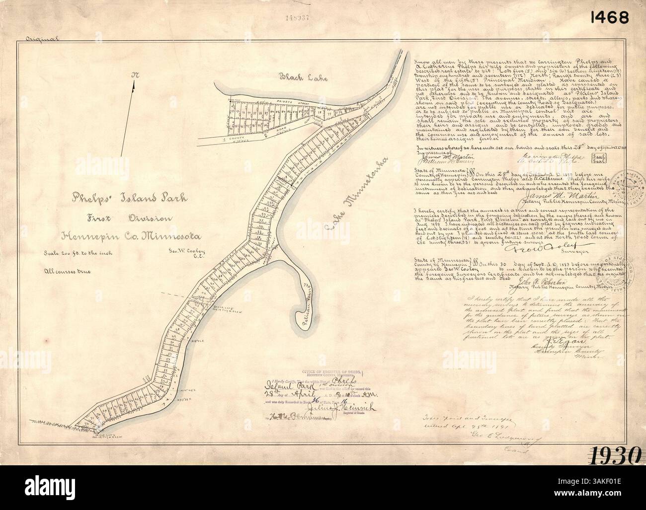 Una mappa storica che mostra Phelps' Island Park First Division, situata a Minneapolis. Questa mappa illustra lo sviluppo e la disposizione del parco, compresa la sua prima divisione e l'area circostante. Foto Stock