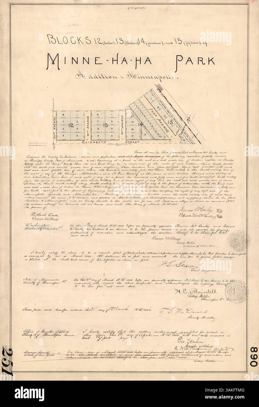 Questa immagine raffigura l'aggiunta dei blocchi 12, 13, 14 e 15 al Minnehaha Park. Foto Stock