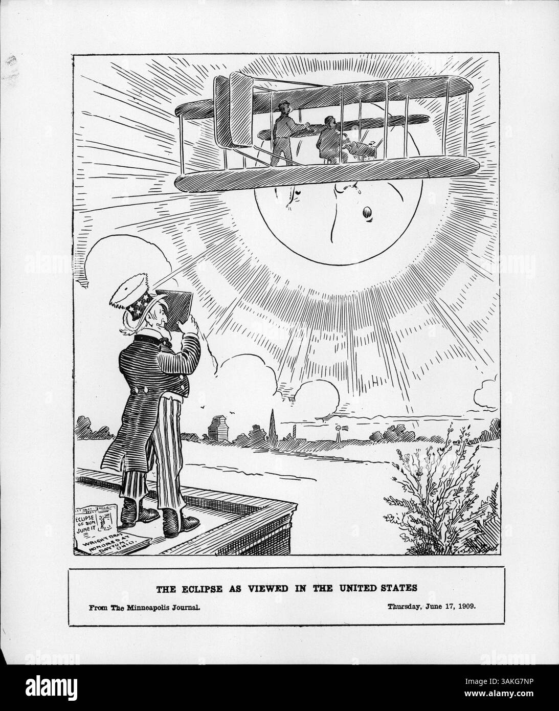 Un momento storico che mostra i fratelli Wright che bloccano il sole durante un processo di volo, simboleggiando il loro successo nel volo a motore e le loro continue prove dell'esercito. L'eclissi offre uno sfondo unico per il loro rivoluzionario lavoro nel settore dell'aviazione. Foto Stock