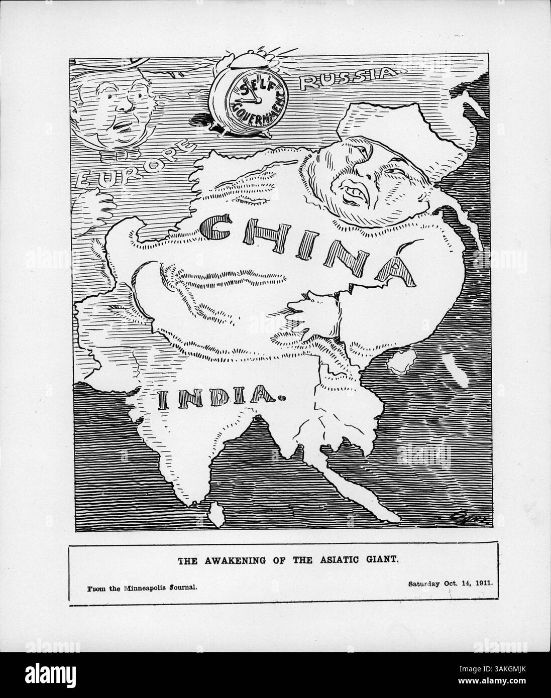 Una mappa che illustra l'Asia con una sveglia etichettata "Self Government" e mostra la Cina come una figura reclinata che si risveglia. L'Europa è raffigurata nell'angolo in alto a sinistra nel tentativo di tacitare l'allarme. Il contesto fa riferimento alla leadership del Dr. Sun Yat-sen nella ribellione cinese, mentre menziona anche l'imminente visita di re Giorgio V in India nel 1910. Foto Stock
