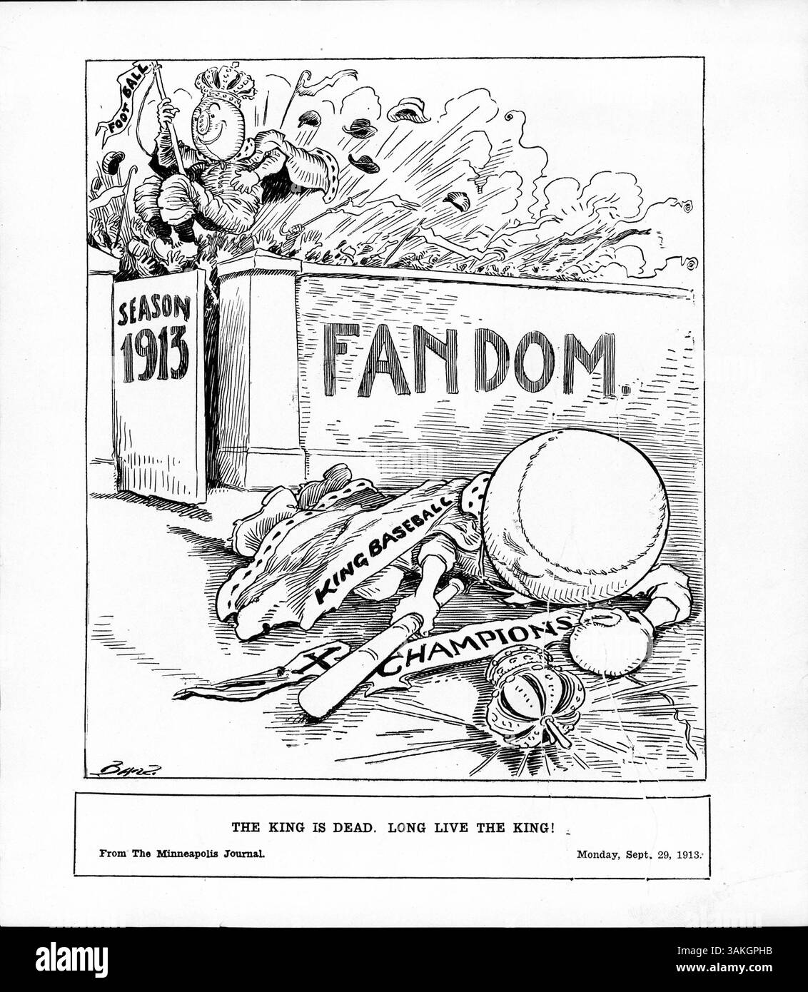 L'immagine mostra King Baseball disteso sullo sporco con la corona caduta, mentre King Football è celebrato da una folla esultante, simboleggiando il passaggio dalla stagione di baseball alla stagione di football nel 1913. Gli account di notizie del momento evidenziano questa transizione stagionale. Foto Stock