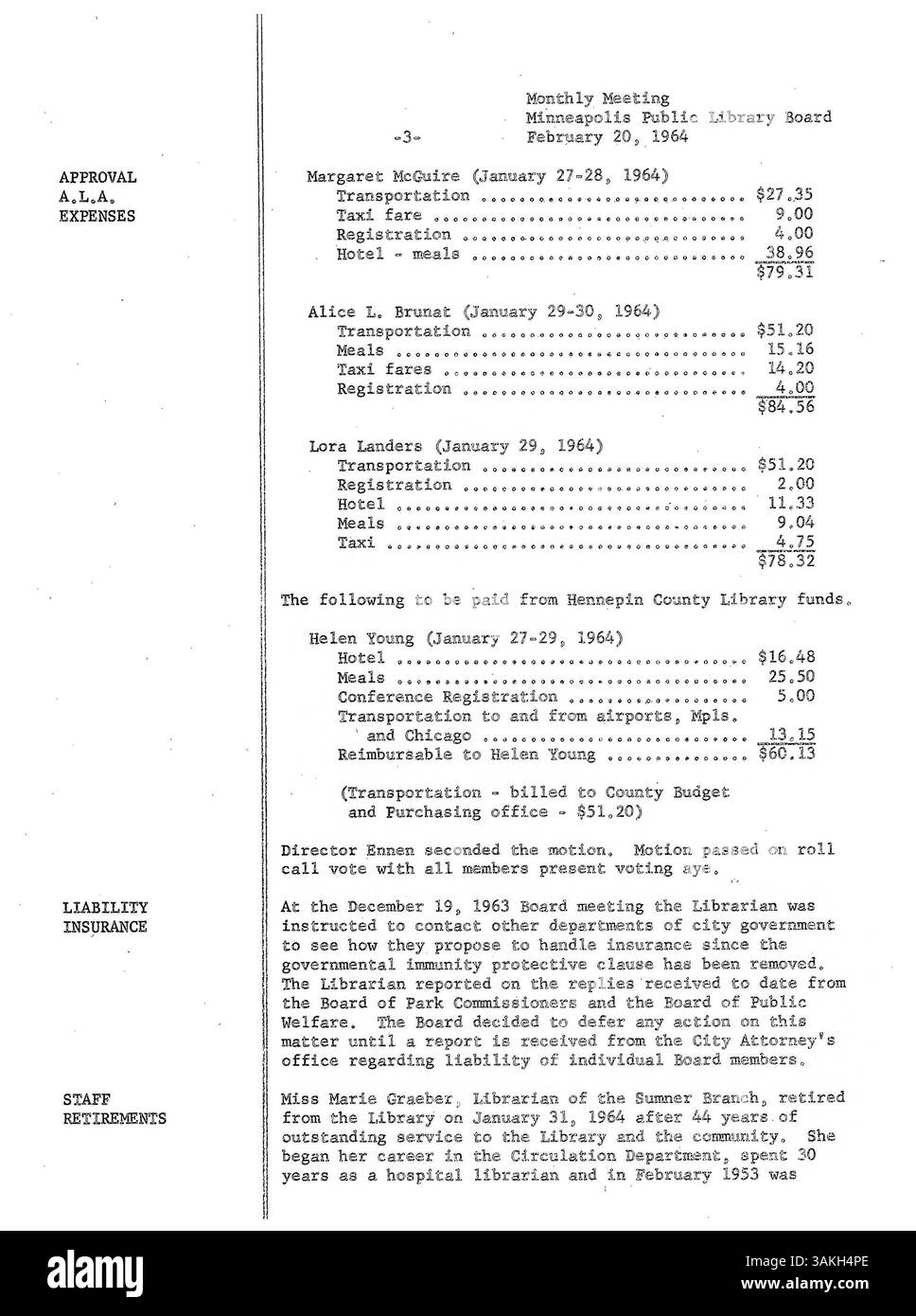 I verbali della riunione del Consiglio di amministrazione della Biblioteca pubblica di Minneapolis del 1964 descrivono in dettaglio le discussioni e le decisioni prese dal Consiglio durante tutto l'anno in merito alle operazioni, alle finanze e alle politiche della biblioteca. Foto Stock