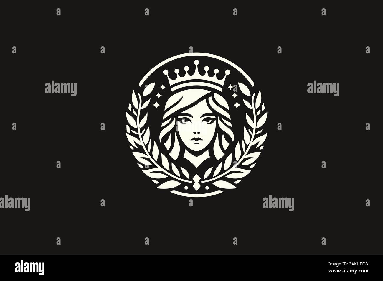 L'elegante regina reale con logo Badge di Kingdom in stile retrò. Figura femminile rivolta in avanti, che simboleggia le royalty. Illustrazione Vettoriale