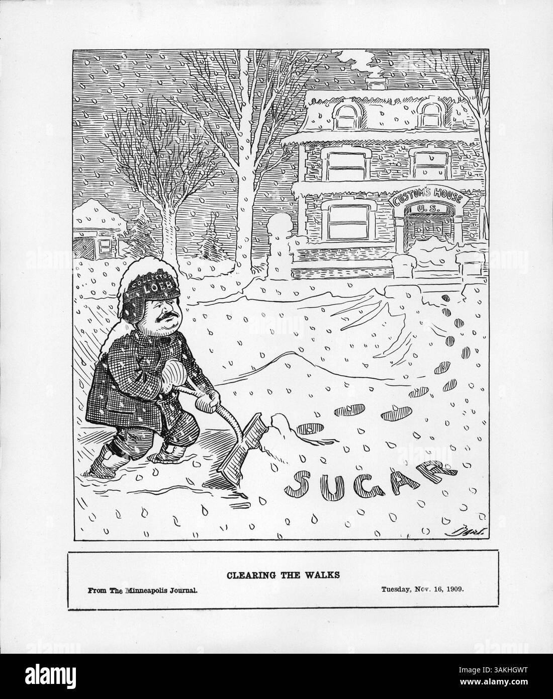 William Loeb Jr., New York State Collector, viene mostrato che pulisce la neve dal marciapiede fuori dalla dogana degli Stati Uniti. La neve contiene la parola "zucchero”, che probabilmente fa riferimento al suo lavoro anti-contrabbando. Foto Stock