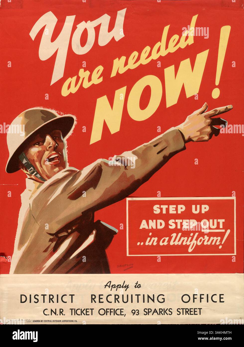 Un manifesto di reclutamento con un soldato che chiama le persone in avanti, esortandole a candidarsi all'ufficio di reclutamento distrettuale per l'arruolamento. Il manifesto incoraggia ad unirsi ai militari con il testo "Apply to District recruiting Office C.N.R. ticket Office, 93 Sparks Street". Foto Stock