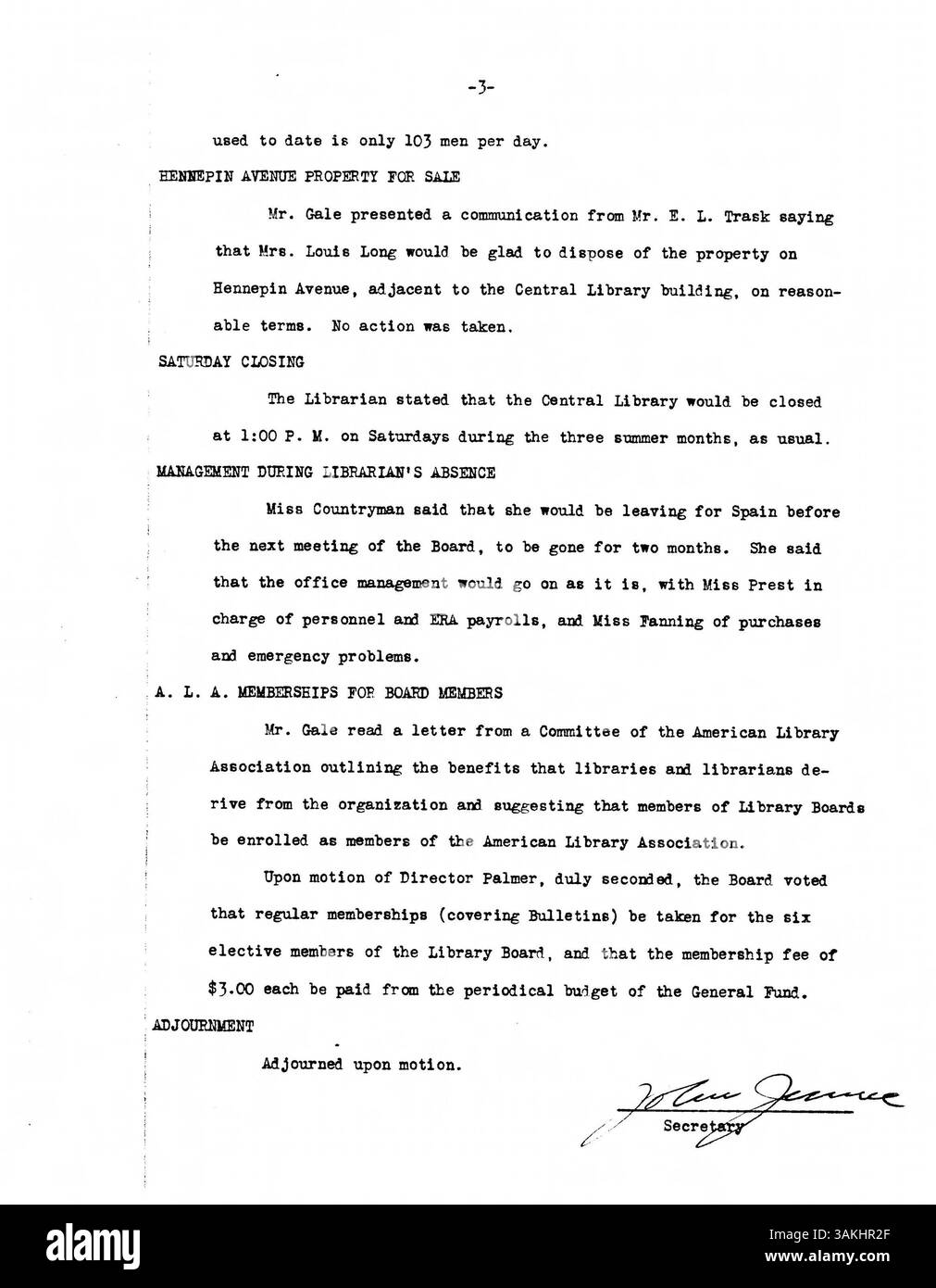 Questo archivio presenta i verbali delle riunioni del Consiglio di amministrazione della Minneapolis Public Library per l'anno 1935. Delinea le decisioni, le azioni e le discussioni chiave che hanno avuto luogo durante le riunioni del Consiglio. Foto Stock