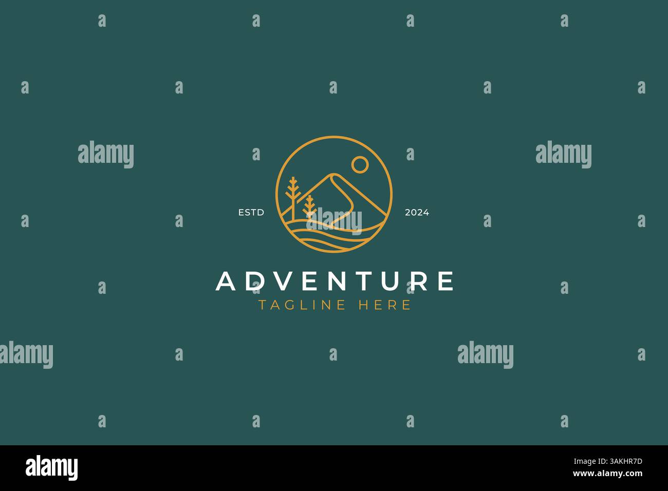 Logo panoramico Mountain River Badge Sun Tree Circle Outline per un'avventura naturalistica alla moda Illustrazione Vettoriale