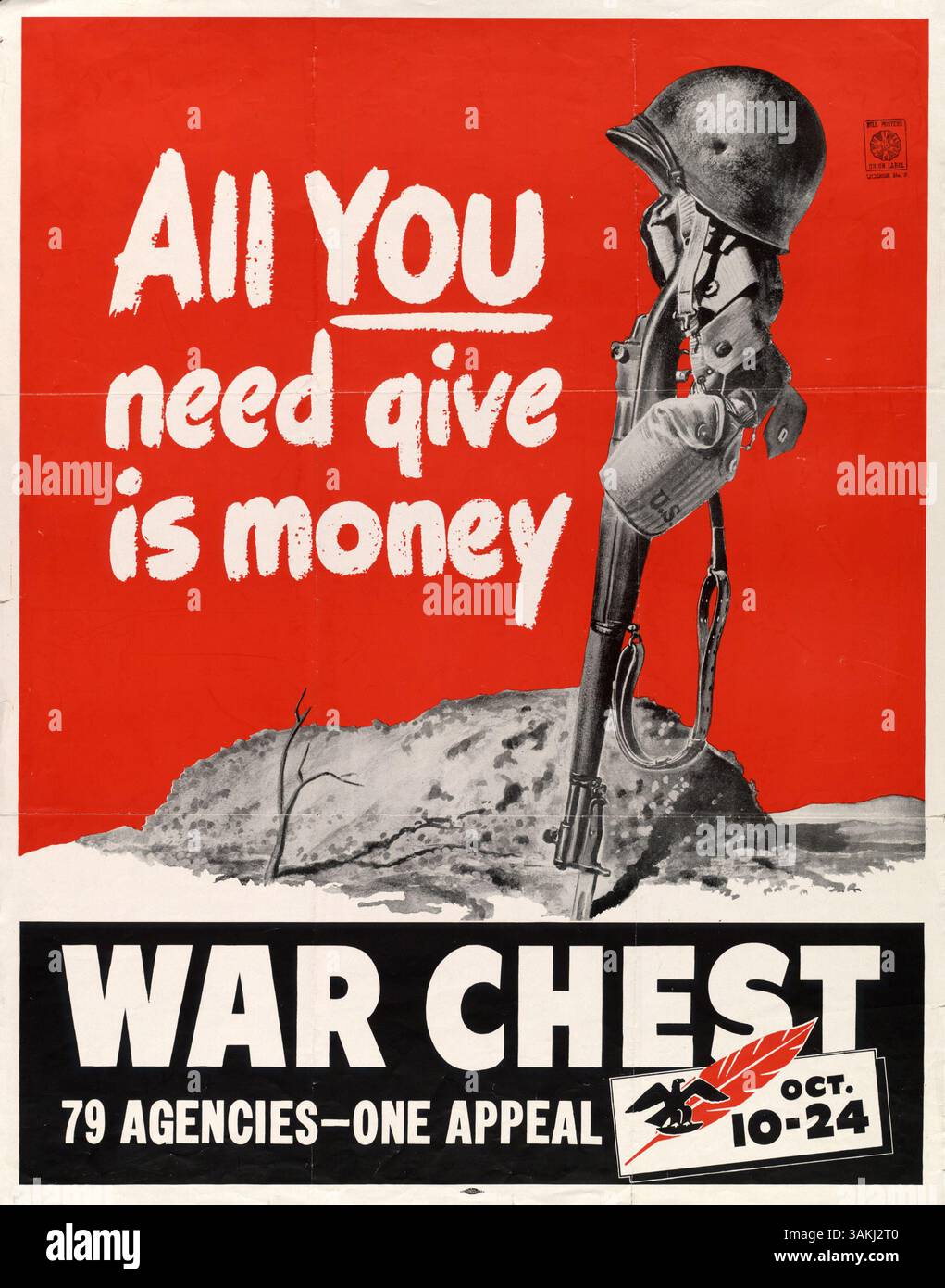 Questo poster del 1943 promuove donazioni finanziarie a sostegno di 79 agenzie con un unico appello unificato. L'immagine della tomba di un soldato con un fucile e un casco sottolinea l'importanza di sostenere gli sforzi in tempo di guerra. Foto Stock