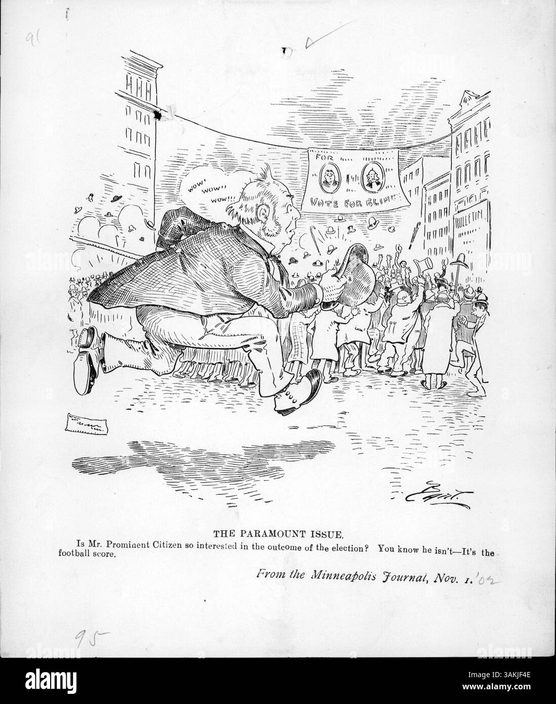 Il cartone animato politico "The Paramount Issue" raffigura una manifestazione politica in cui un uomo è più interessato al punteggio del calcio che al risultato delle elezioni. La didascalia suggerisce che la politica potrebbe non attirare l'attenzione di alcuni individui rispetto allo sport. Foto Stock