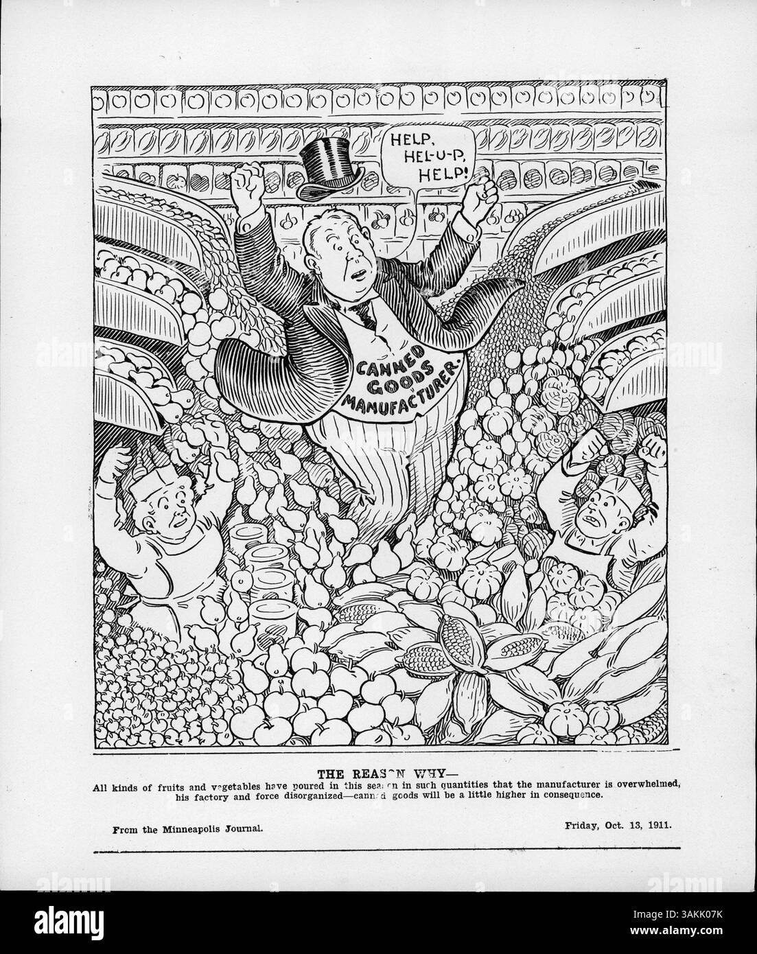 Un'illustrazione satirica che mostra un produttore di conserve sopraffatto da un'ondata di frutta e verdura. La sua fabbrica è disorganizzata, e non è in grado di tenere il passo con la produzione a causa dell'eccesso di offerta, causando un aumento anticipato dei prezzi delle conserve alimentari, come riportato dal New York Times. Foto Stock