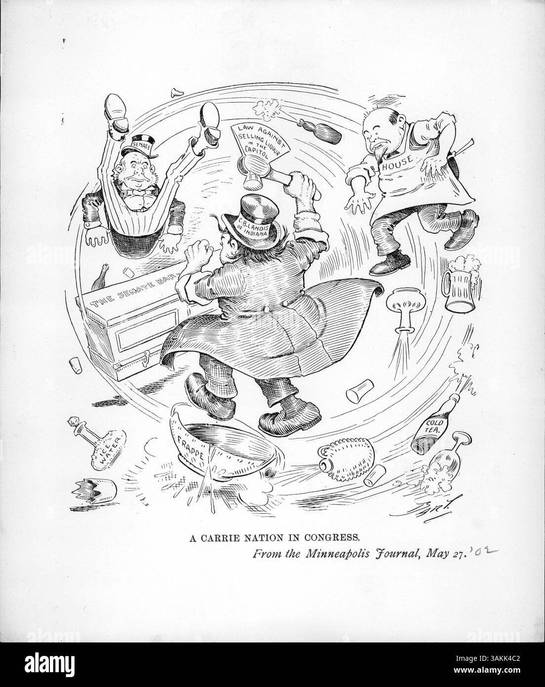 Un cartone animato di C.B. Landis dell'Indiana, che mostra la nazione Carrie al Congresso con un'ascia contrassegnata con "legge contro la vendita di liquori nella capitale". Ciò riflette gli sforzi della Nation nel sostenere il divieto e il suo emendamento a una legge sull'immigrazione che vietava le vendite di alcol nel Campidoglio. Foto Stock