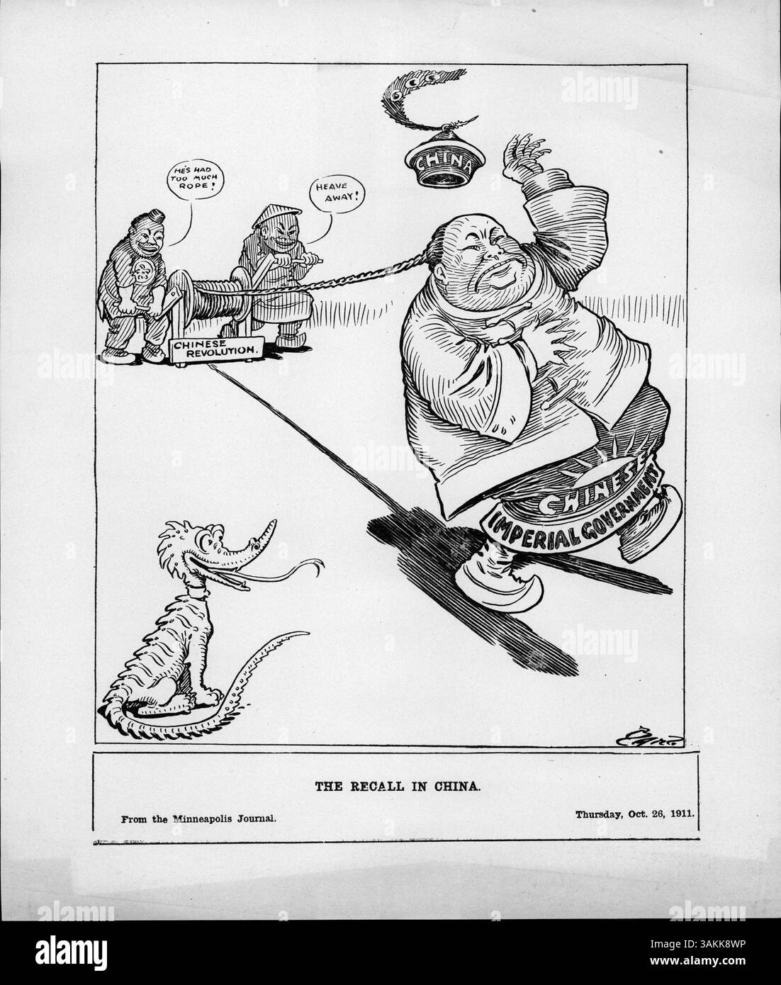 Questa immagine raffigura due persone che girano una ruota per simboleggiare il cambiamento politico in Cina durante il rovesciamento della dinastia Qing. La rivoluzione Xinhai nel 1911 portò al collasso dell'ultima dinastia imperiale, stabilendo la Repubblica di Cina e ponendo fine a oltre due millenni di dominio imperiale. Foto Stock