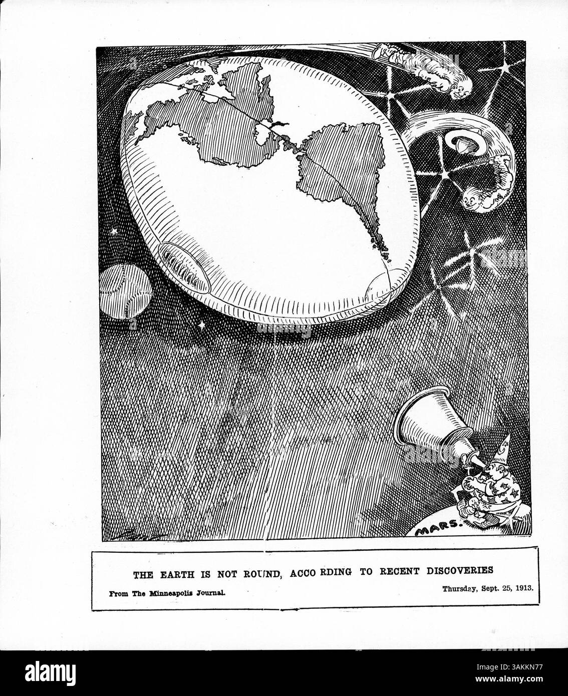 Un uomo osserva la Terra da Marte, notando che assomiglia a un football con la luna come baseball e due uomini che orbitano attorno alla Terra. Notizie contemporanee mettono in evidenza l'inizio della stagione calcistica. Foto Stock