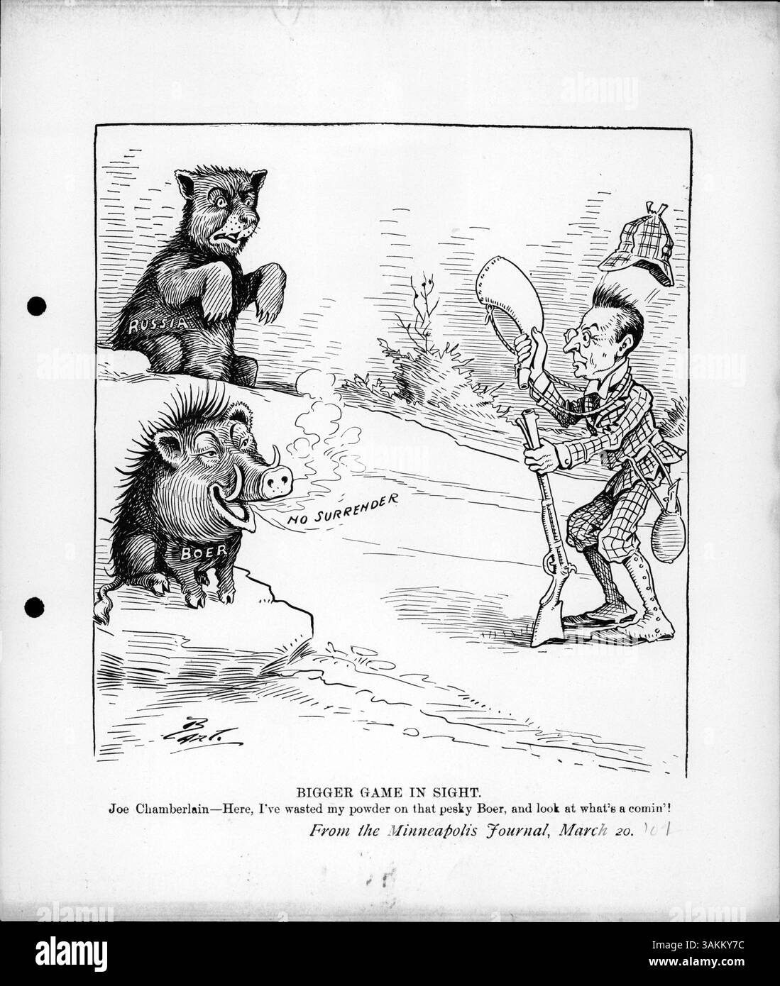 Il titolo "gioco più grande in vista" si riferisce a un momento storico della politica britannica, con il segretario coloniale Joe Chamberlain che commenta le tensioni tra Russia e Gran Bretagna sulla Cina. Il conflitto boero è presente anche negli account di notizie contemporanee. Foto Stock