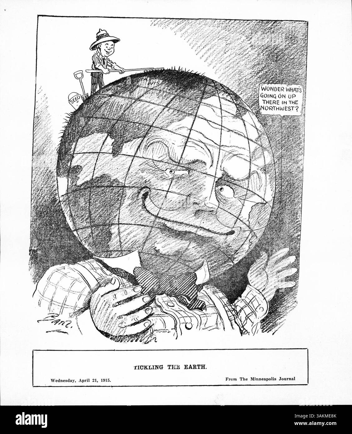 Un'illustrazione stravagante che mostra un uomo che piantava semi sulla testa della Terra, con la Terra che si chiedeva degli eventi nel nord-ovest. I rapporti contemporanei hanno notato una buona prospettiva per i raccolti nella regione. Foto Stock