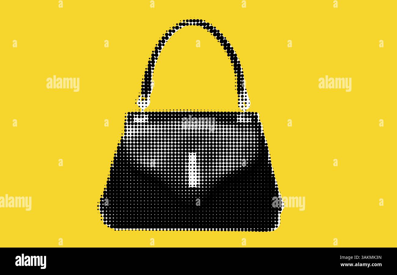 Collage di opere d'arte in mezzitoni con un'elegante borsa nera su uno sfondo giallo vibrante che celebra la creatività della moda moderna Illustrazione Vettoriale