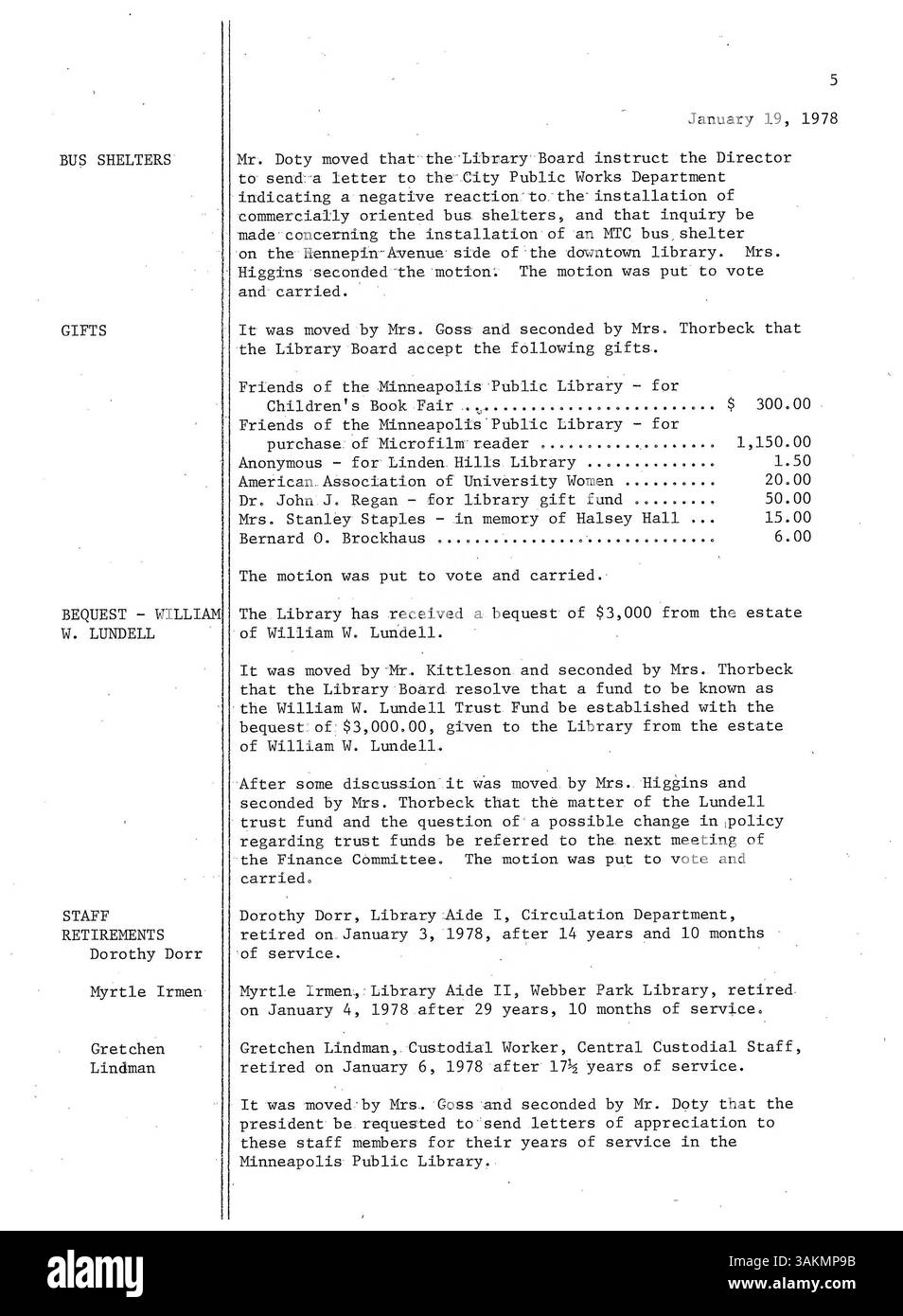 I verbali della riunione del Consiglio di amministrazione della Biblioteca pubblica di Minneapolis 1978 documentano le politiche della biblioteca, le decisioni sulle strategie operative e gli aggiornamenti amministrativi per quell'anno. Foto Stock