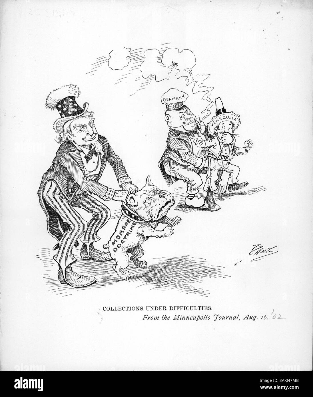 Questo cartone animato politico illustra lo zio Sam che tiene indietro un mastino che rappresenta la Dottrina Monroe, mentre la Germania cerca nelle tasche del Venezuela. Fa riferimento agli Stati Uniti che accettano di consentire alla Germania di sbarcare truppe in Venezuela per proteggere gli interessi tedeschi e riscuotere debiti, un riflesso delle tensioni internazionali e della diplomazia all'inizio del XX secolo. Foto Stock