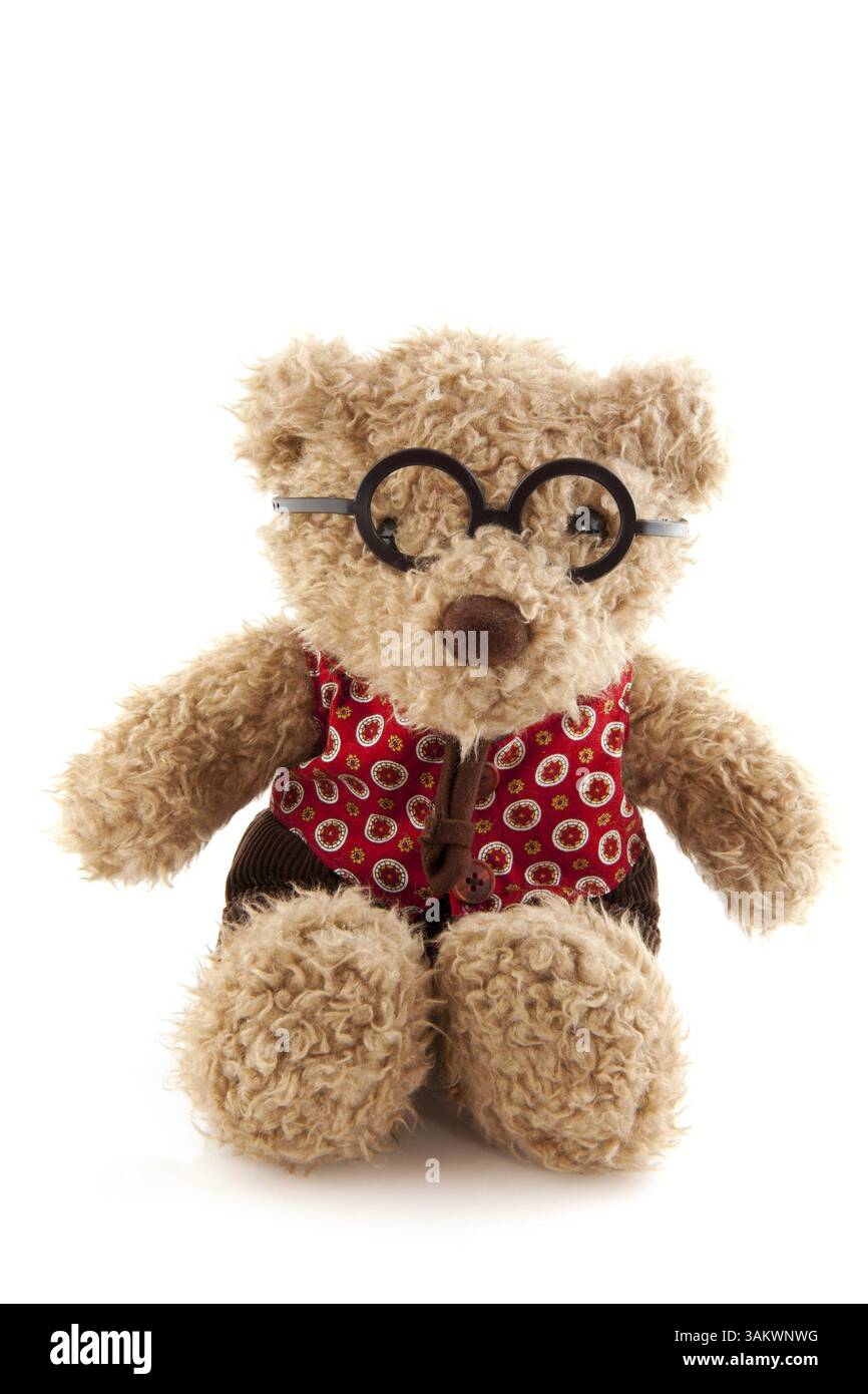 Elegante orsetto imbottito con occhiali isolati sul bianco Foto Stock