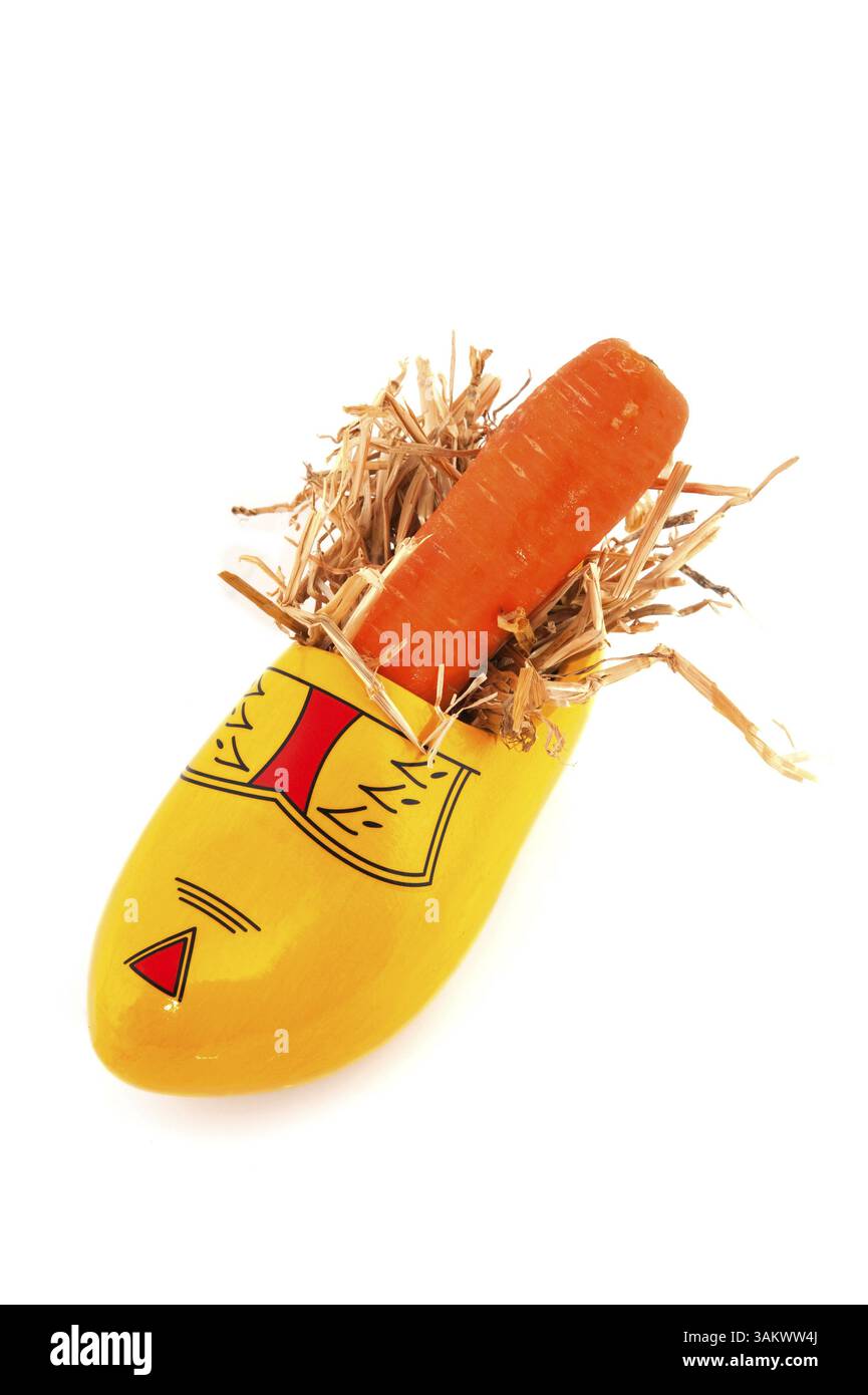 Mostra in legno con la carota per il cavallo da Sinterklaas Foto Stock