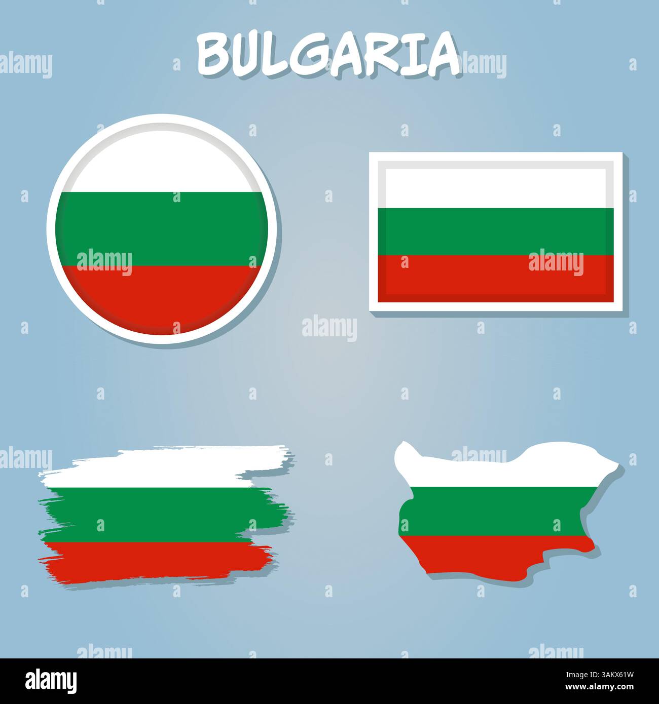 Set di vettori per la Bulgaria. Forma dettagliata del paese con bordi, bandiere e icone della regione Illustrazione Vettoriale