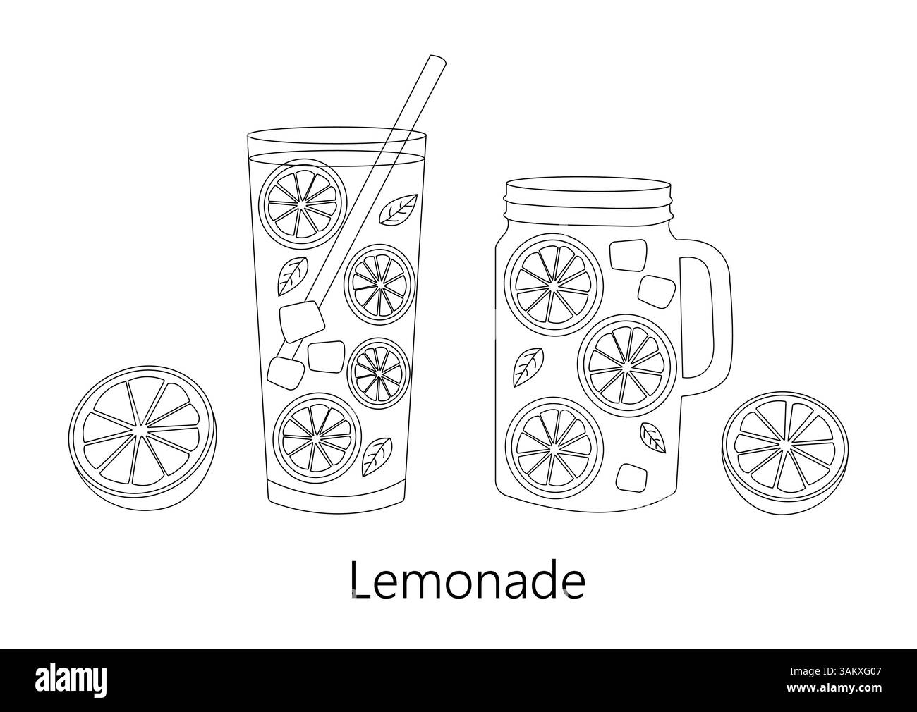 Rinfrescante limonata servita in un bicchiere alto e in un barattolo mason con fette di agrumi e cubetti di ghiaccio Illustrazione Vettoriale