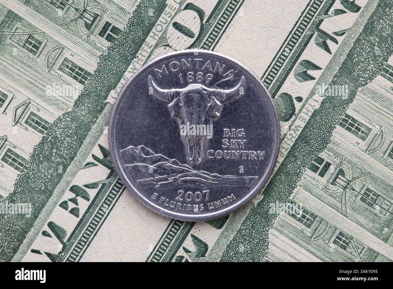 Un quarto del Montana con banconote in dollari. Composizione simmetrica di banconote in dollari USA e un quarto del Montana Foto Stock
