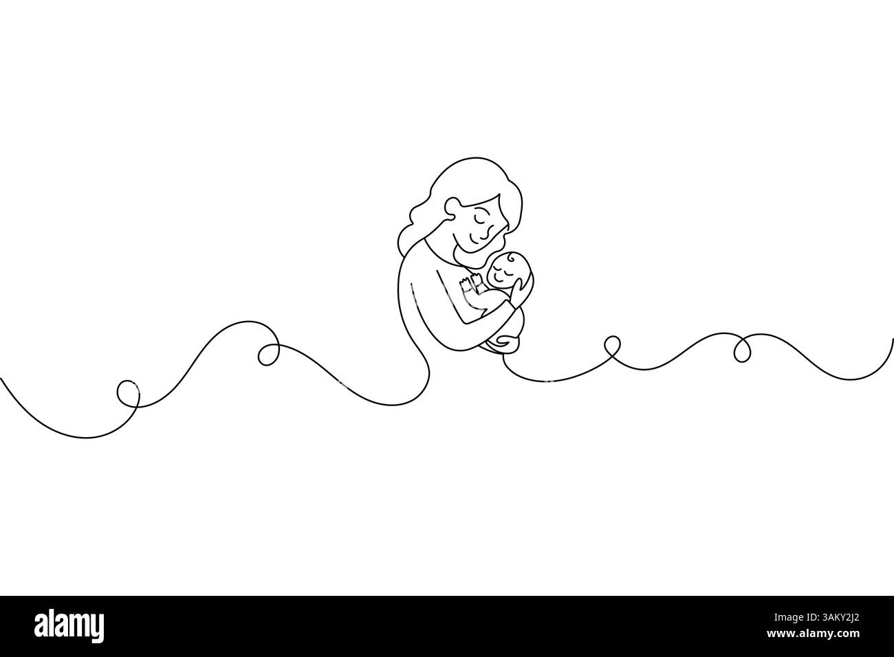 Grafica a linea singola continua madre e bambino e design vettoriale con contorno isolato Illustrazione Vettoriale