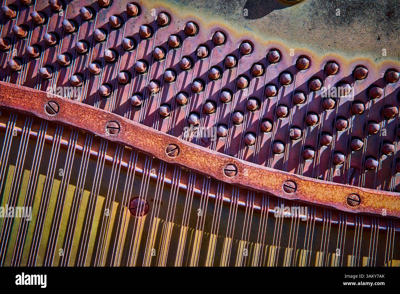 Dettagli macro di archi e perni di sintonia del piano con luce calda Foto Stock