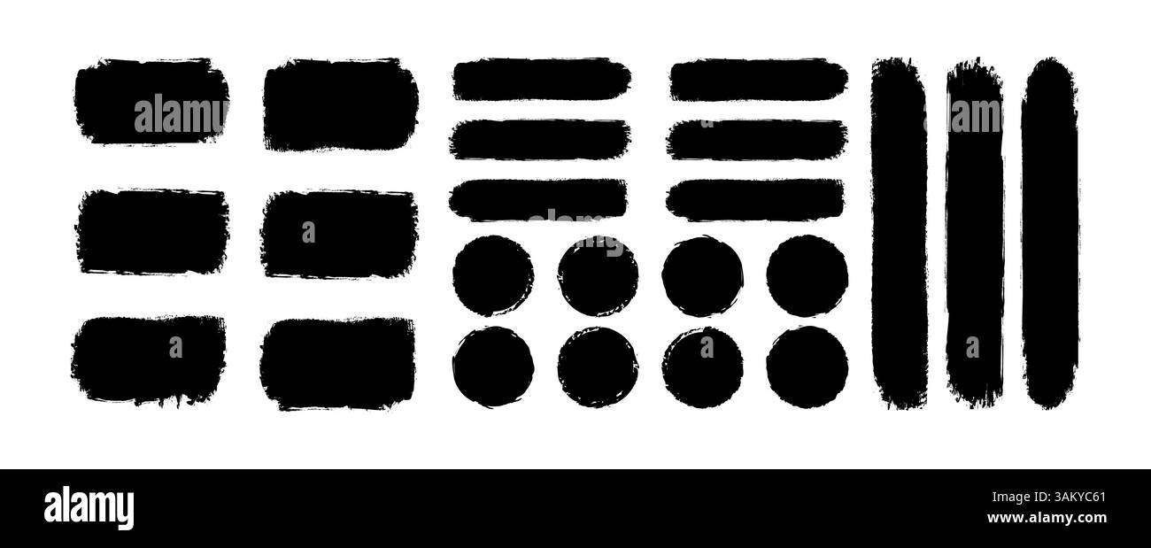 Set di tratti di pennello Grunge. Sfondo grunge impostato. Pennello per inchiostro di vernice nera Illustrazione Vettoriale