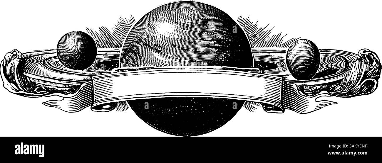 Illustrazione incisa di pianeti orbitanti in una scena cosmica. Illustrazione Vettoriale