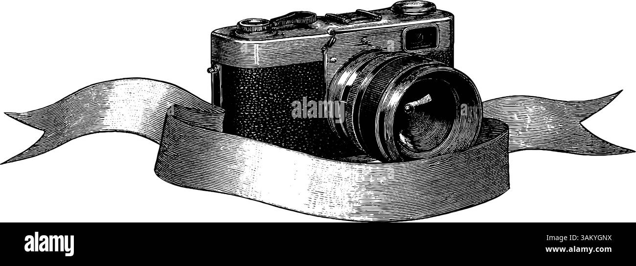 Fotocamera vintage con nastro - classico design inciso per stampe artistiche e temi retrò. Illustrazione Vettoriale