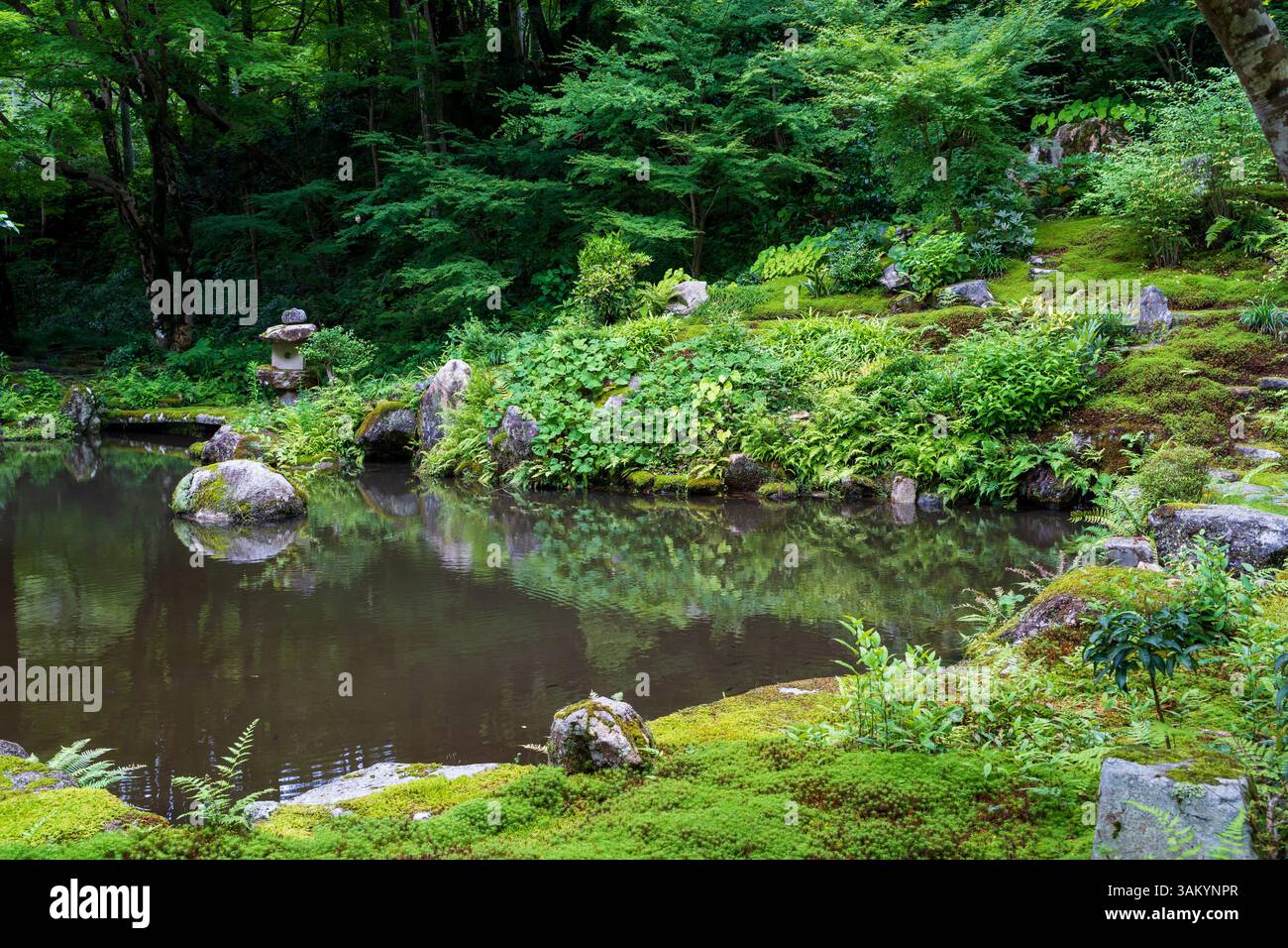 Giardino giapponese e stagno del tempio di Sanzen-in in estate. Ohara, Kyoto, Giappone. Foto Stock