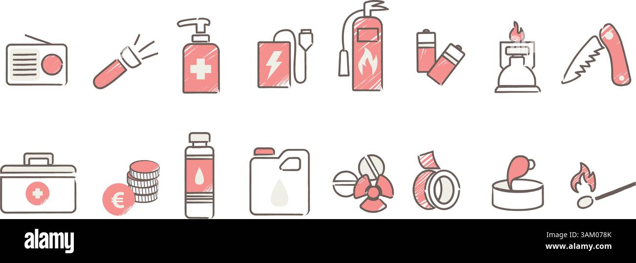 Set di icone del kit di sopravvivenza, tra cui elementi essenziali come primo soccorso, torcia, acqua e strumenti. Elementi di design per la preparazione di emergenza, avvento all'aperto Illustrazione Vettoriale