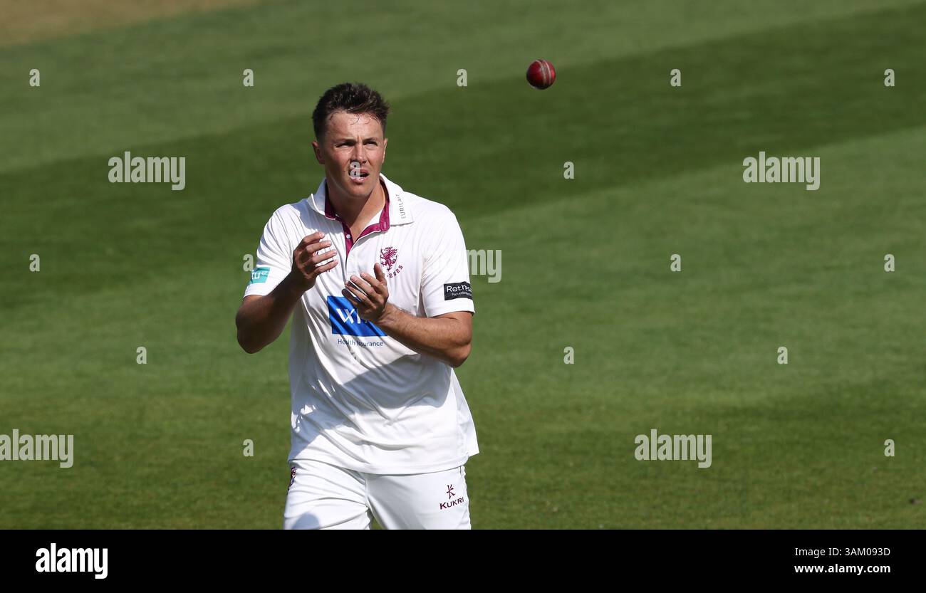 Hove, Regno Unito. 13 aprile 2025. Migael Pretorius di Somerset durante il terzo giorno del Rothesay County Championship Division 1 match tra Sussex e Somerset al 1st Central County Ground, Hove. Crediti: James Boardman/Alamy Live News Foto Stock