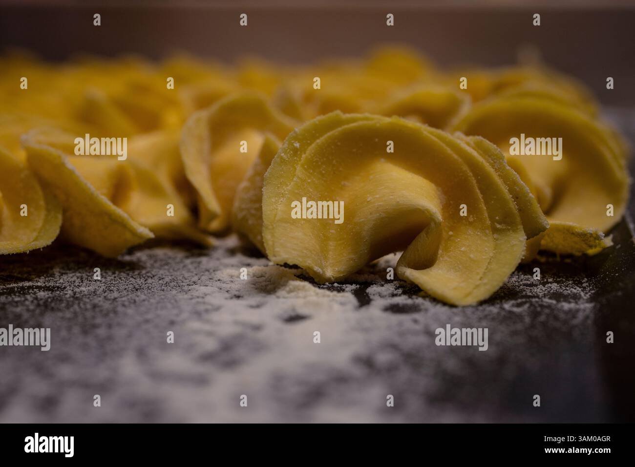 Tortelli fatti a mano su un letto di farina Foto Stock