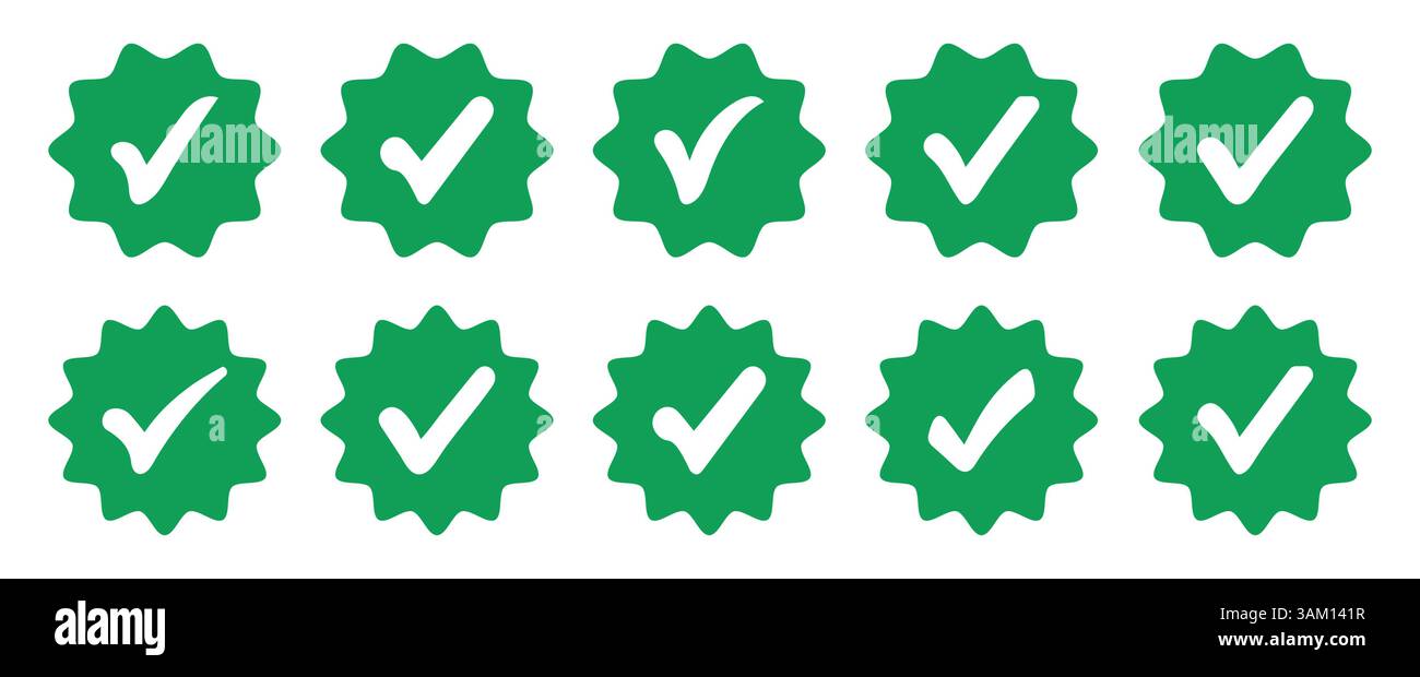 Icona del badge verificato dal profilo. Controllare e approvare, accettare, icona del badge verificato su Instagram. illustrazione vettoriale. Icona verde del badge verificato Illustrazione Vettoriale