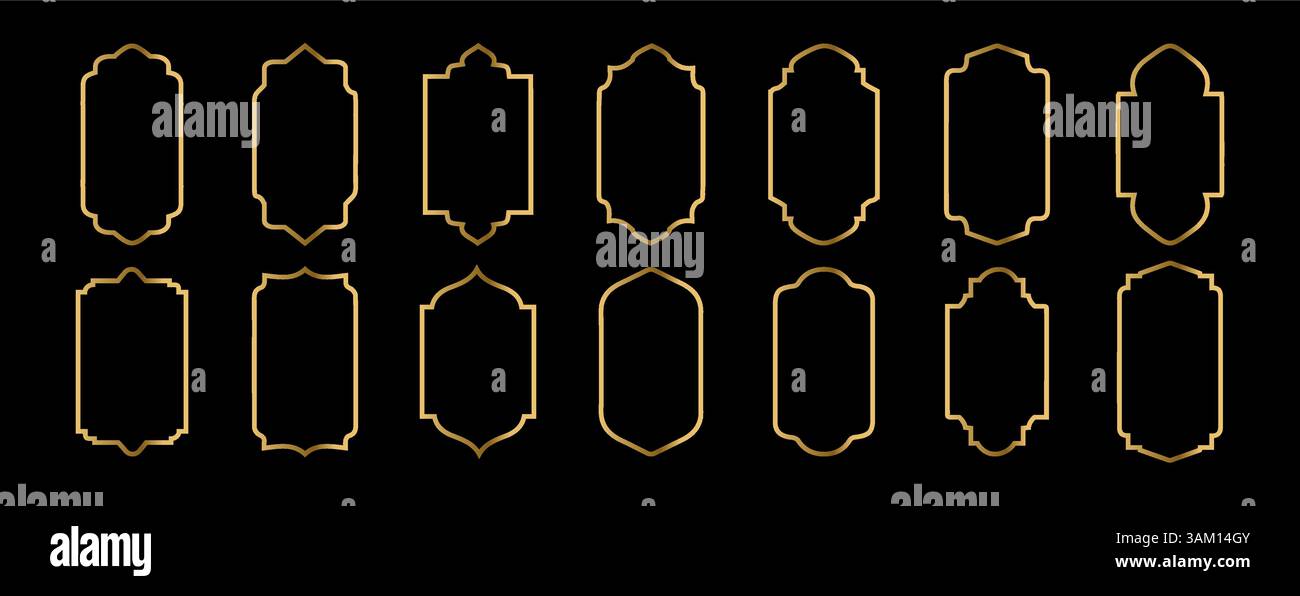 Finestra a forma di oro islamico. Finestra a forma di oro islamico. Design dei telai. Arco dorato arabo, cornici kareem. Porta della moschea vettoriale. Illustrazione Vettoriale