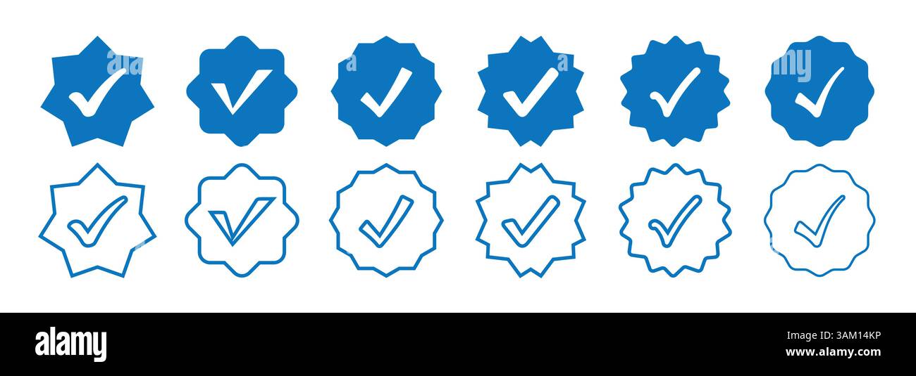 Badge verificato Vector Blue. Collezione di badge blu verificati in diverse forme. set di icone con segno di spunta verificato Illustrazione Vettoriale
